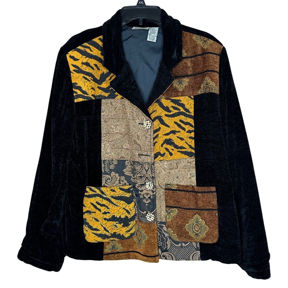 Market by Chico's Women Jacket Size‎ 3 US XL Black Patch Chenille Button Up coat